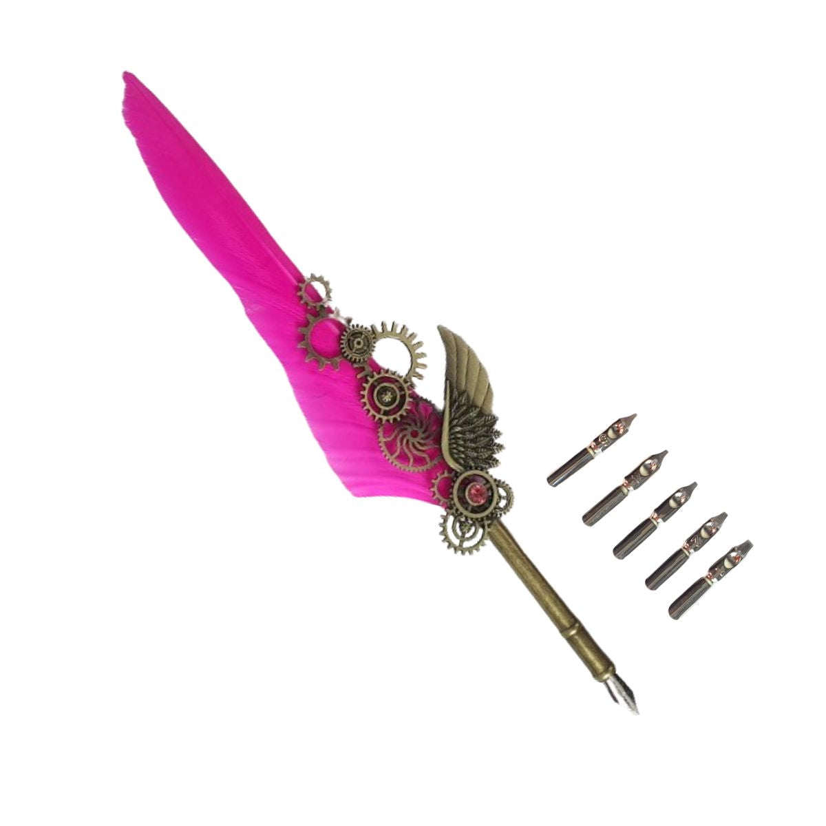 Kit Caneta Tinteiro Pena Engrenagem Rosa Kit Caneta Tinteiro Pena Engrenagem Rosa